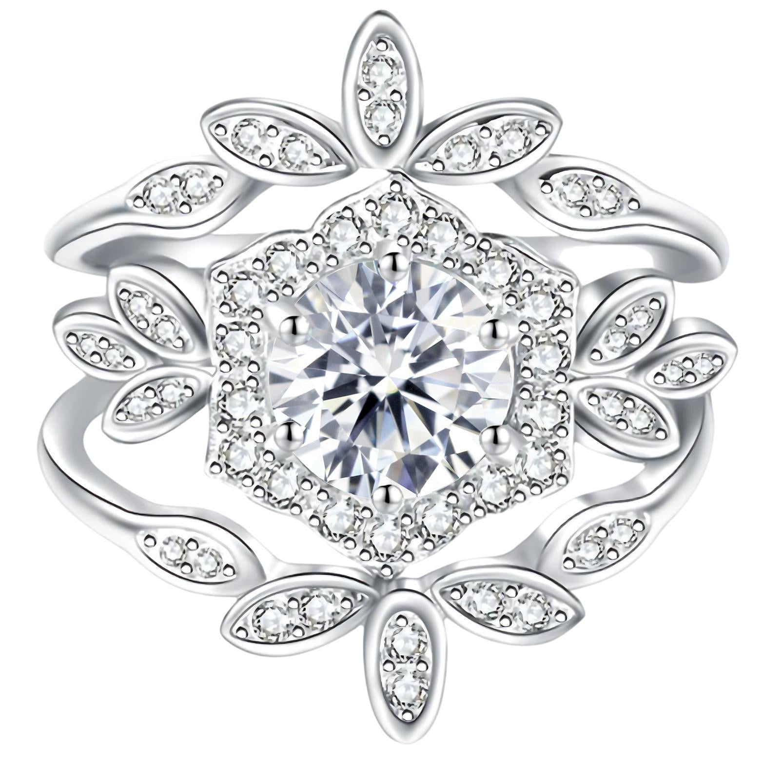 [1R18] Leaf Crown Moissanite Statement Ring – 1ct Round Cut | Custom Color Options