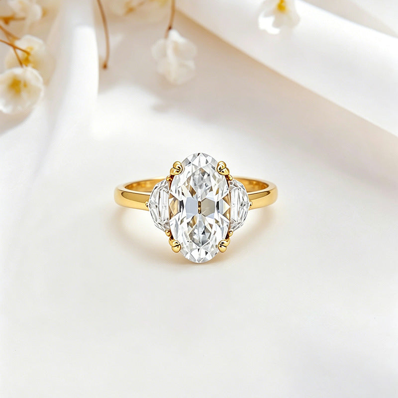 18K Gold Plated 925 Silver 4.8ct Old Mine Oval Moissanite Three-Stone Engagement Ring
