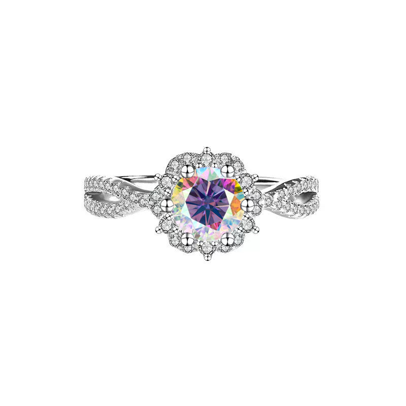 [1R17] Floral Halo Moissanite Engagement Ring – Round Cut