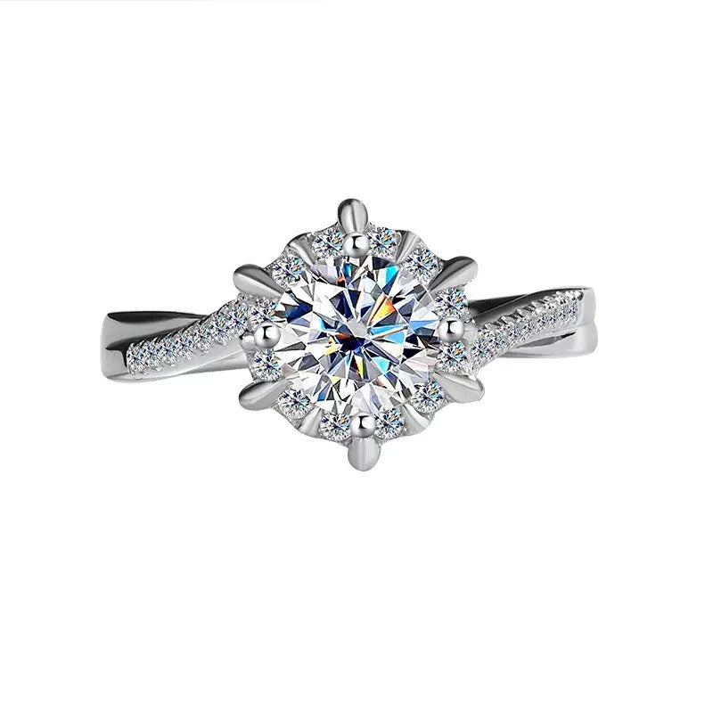 [1R13] 1ct Moissanite Snowflake Halo Ring | Round Cut | Twisted Pavé Band