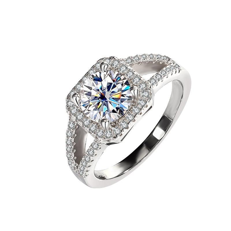 [1R19] Square Halo Moissanite Ring – Round Cut Center | Custom Color & Carat