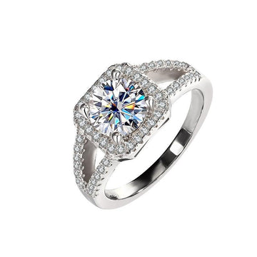 [1R19] Square Halo Moissanite Ring – Round Cut Center | Custom Color & Carat