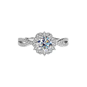 [1R17] Floral Halo Moissanite Engagement Ring – Round Cut