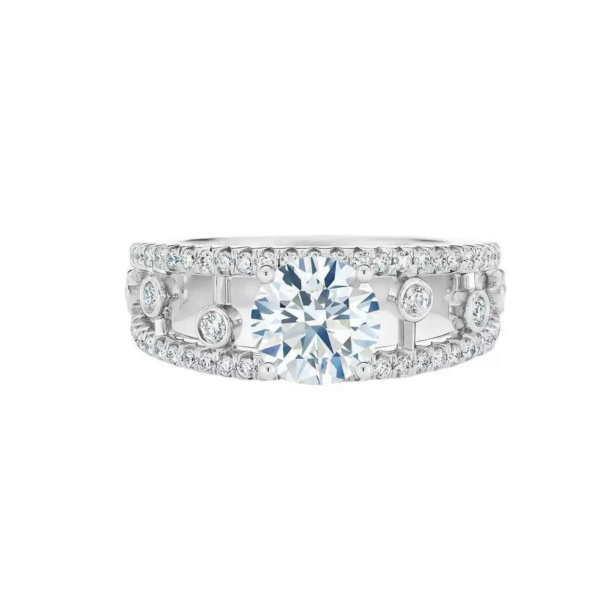 [1R15] 1ct Round Cut Moissanite Band Ring | Double Row Halo Design with Bezel Accents