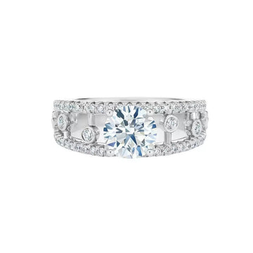 [1R15] 1ct Round Cut Moissanite Band Ring | Double Row Halo Design with Bezel Accents