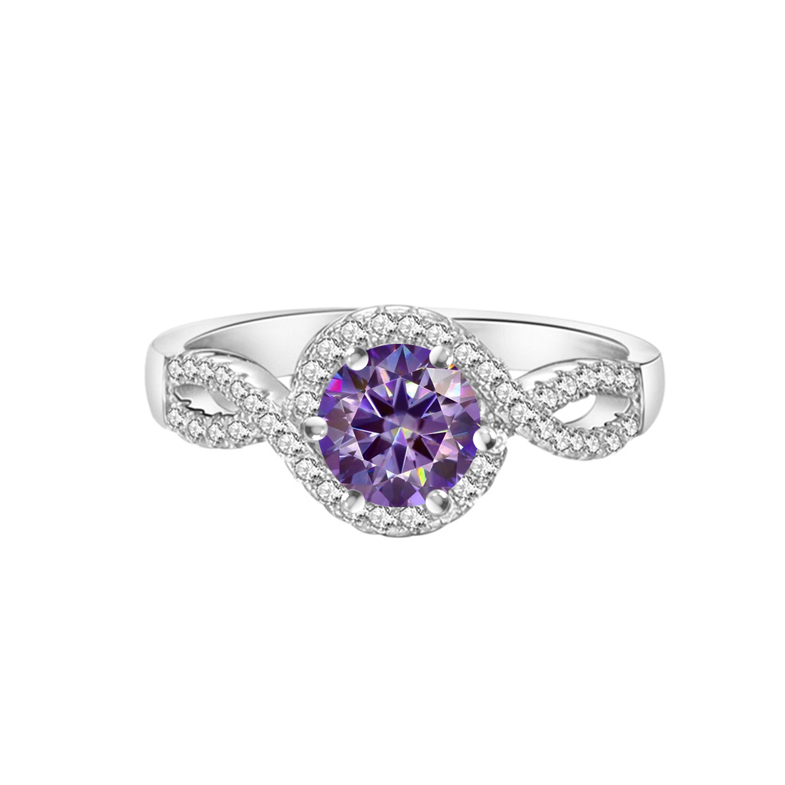 2ct Halo Twisted Pave Moissanite Purple Ring in Sterling Silver Front