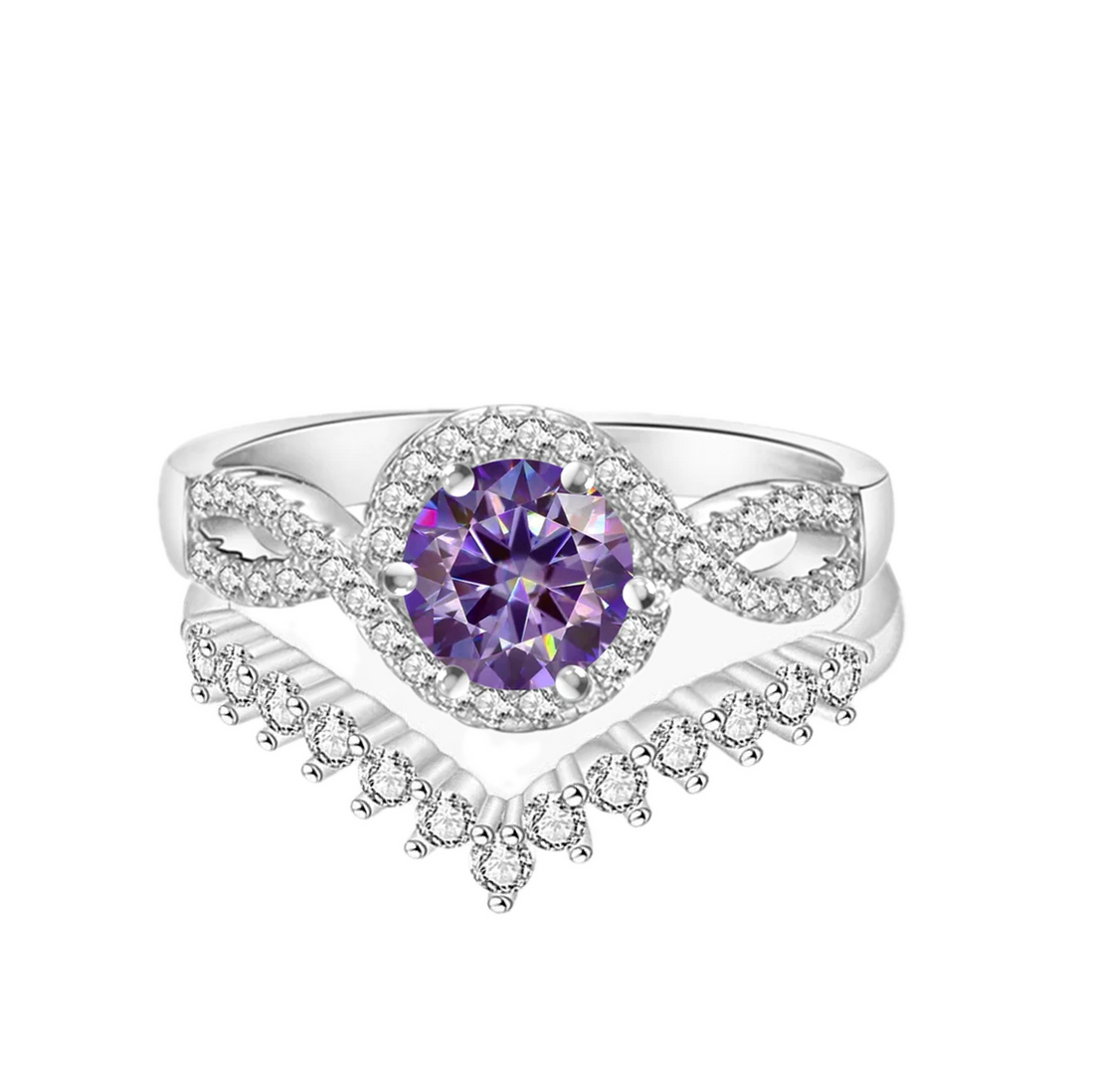 2ct Halo Twisted Pave Moissanite Purple Ring in Sterling Silver Front